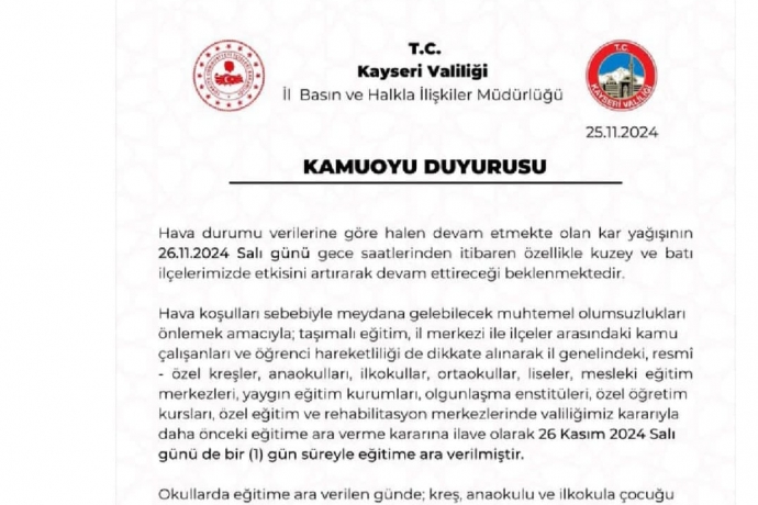 Kayseri ve Nevehir'de eitime 'kar' engeli. Okullar bir gn daha tatil..