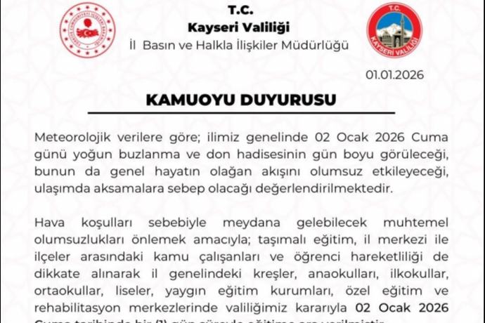 Kayseri'de Eğitime 1 Gün Ara