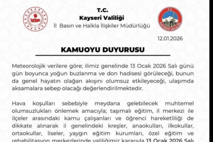 Kayseri’de Eğitime 1 Günlük Kar Arası